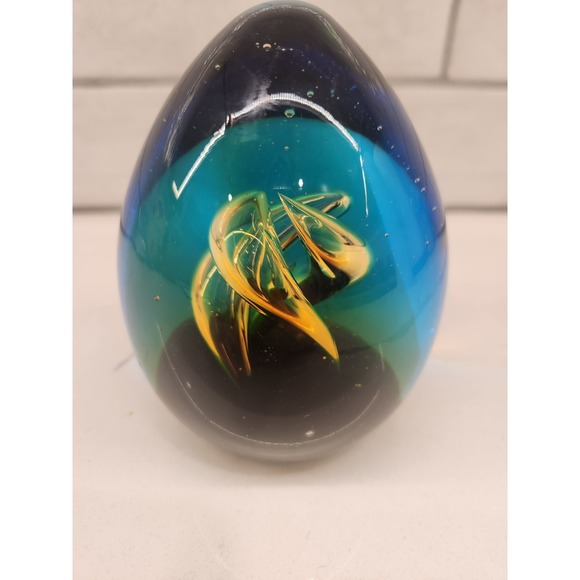 4 Inch Art Glass Paperweight Egg Blue Brown Orange Swirl with Suspended Bubbles - Picture 2 of 11